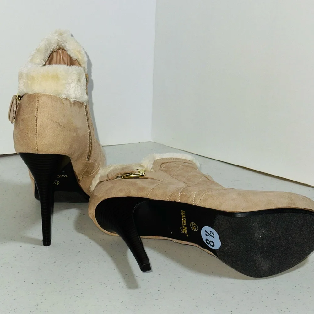 Madeline Girl Faux Suede and Fur Elegant Cream Heeled Boots New - Picture 2 of 10